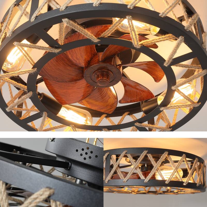 Netin 20" Rustic Farmhouse Black Caged Rattan Ceiling Fan Light, Flush